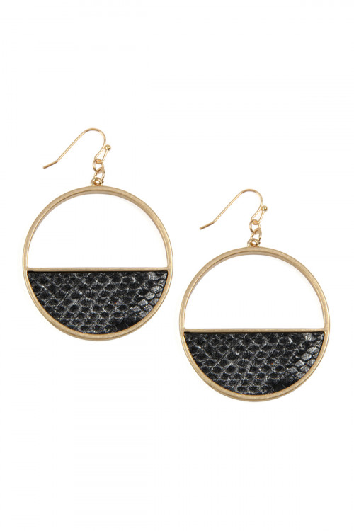 A2-3-4-TE9048BK BLACK HALF LEATHER HOOP DROP SNAKE SKIN EARRINGS/6PAIRS