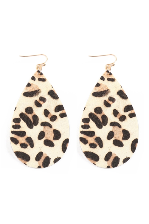 S22-6-3-TE9137GDIV - LEOPARD PRINT DANGLING TEARDROP EARRINGS - IVORY/6PCS