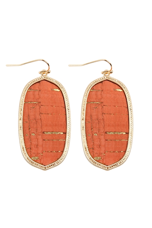 S24-7-5-TE9151OR - OVAL CORK FISH HOOK DROP EARRINGS - ORANGE/6PCS