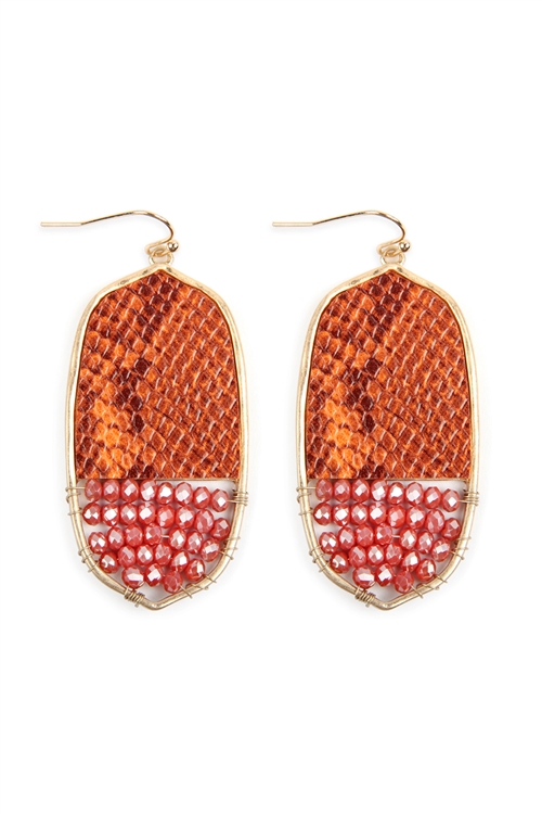 S22-10-4-TE9170WGOR - OVAL SNAKE SKIN WITH BEADS DROP EARRINGS - ORANGE/6PCS