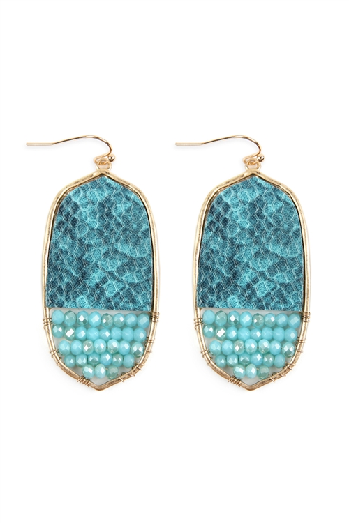 S22-10-4-TE9170WGTQ - OVAL SNAKE SKIN WITH BEADS DROP EARRINGS - TURQUOISE/6PCS