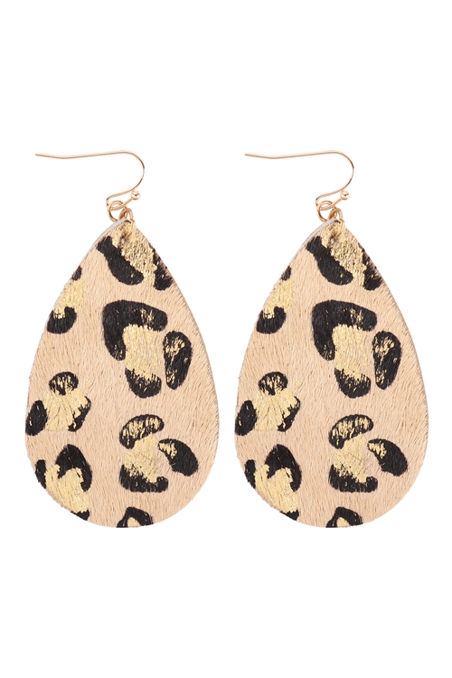 A1-2-5-TE9383GDBE - LEOPARD PRINT TEARDROP HOOK EARRINGS - GOLD BEIGE/1PC