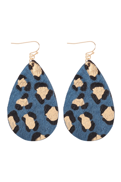 A1-2-5-TE9383GDBL - LEOPARD PRINT TEARDROP HOOK EARRINGS - GOLD BLUE/1PC