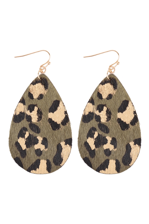 A1-2-5-TE9383GDOV - LEOPARD PRINT TEARDROP HOOK EARRINGS - GOLD OLIVE/1PC