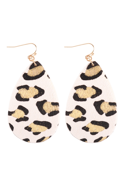 237-E-TE9383GDWT - LEOPARD PRINT TEARDROP HOOK EARRINGS - GOLD WHITE/1PC