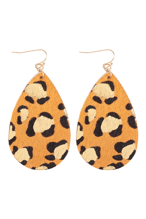 A1-2-5-TE9383GDYL - LEOPARD PRINT TEARDROP HOOK EARRINGS - GOLD YELLOW/1PC