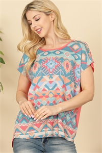 S4-3-2-TO15086-PK-1 - SHORT SLEEVE KEYHOLE PRINTED TOP- PINK 3-2