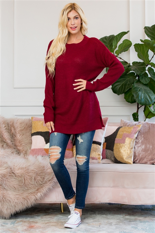 S13-2-3-TW-1935-CB-5 - LONG SLEEVE ROUND NECK WAFFLE SWEATER SIDE SLIT- CABERNET-2PCS