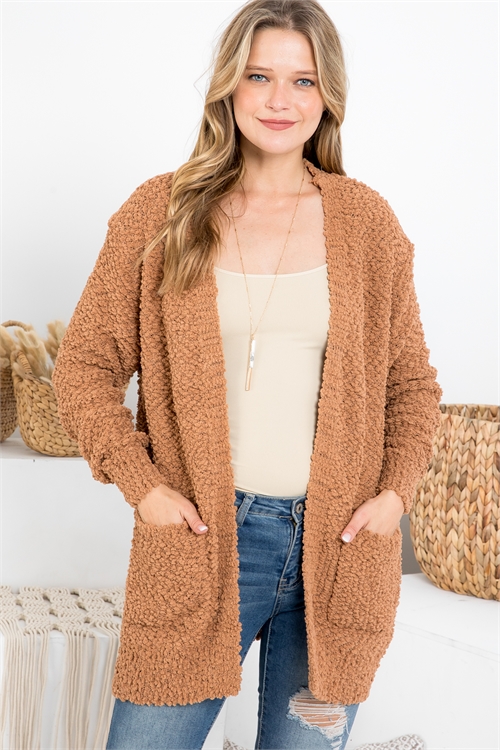 S13-6-4-TW-1938-DPCML - POPCORN SWEATER CARDIGAN WITH POCKETS- DEEP CAMEL 1-1-2-2