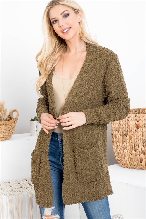 S6-1-4-TW-1938-DSTOV - POPCORN SWEATER CARDIGAN WITH POCKETS- DUSTY OLIVE 1-1-2-2