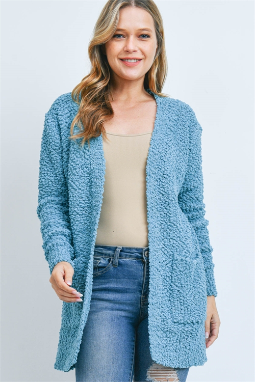 S10-1-4-TW-1938-DSTTL - POPCORN SWEATER CARDIGAN WITH POCKETS- DUSTY TEAL 1-1-2-2