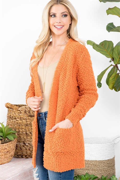 S11-16-4-TW-1938-PSM - POPCORN SWEATER CARDIGAN WITH POCKETS- PERSIMMON 1-1-2-2