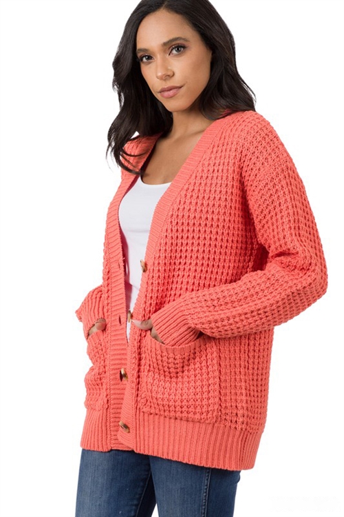 S14-4-2-TW-1961-DPCRL-1 - WAFFLE CARDIGAN SWEATER WITH POCKETS- DEEP CORAL 1-0-0-4