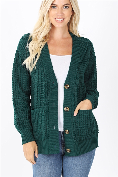 S7-1-1-TW-1961-DPGN-1 - WAFFLE CARDIGAN SWEATER WITH POCKETS- DEEP GREEN 1-1-1-1