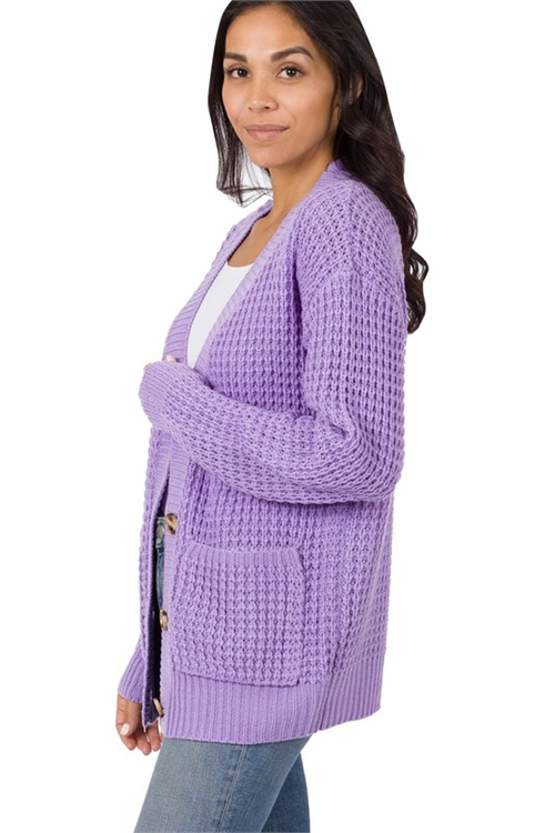 S14-4-3-TW-1961-LVD-1 - WAFFLE CARDIGAN SWEATER WITH POCKETS- LAVENDER 2-0-1-3