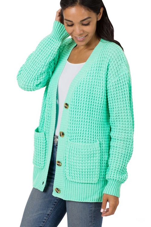 S13-10-2-TW-1961-MNT-2 - WAFFLE CARDIGAN SWEATER WITH POCKETS- MINT 2-0-2-2