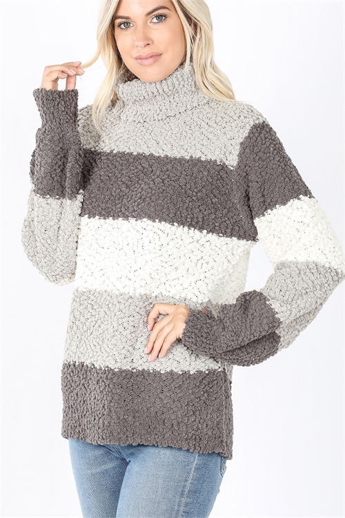 S5-1-2-TW-21010-GY - TURTLE NECK COLOR BLOCK BALLOON SLEEVE SWEATER- GREY 1-2-2-2