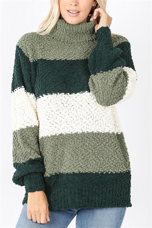 S5-1-2-TW-21010-HTGN-2 - TURTLE NECK COLOR BLOCK BALLOON SLEEVE SWEATER- HUNTER GREEN 1-0-2-2