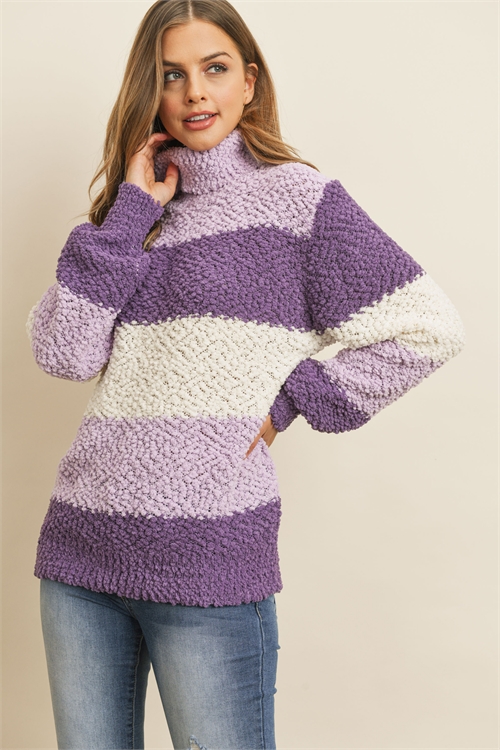 S4-1-3-TW-21010-LLC-3 - TURTLE NECK COLOR BLOCK BALLOON SLEEVE SWEATER- LILAC 1-0-2-2
