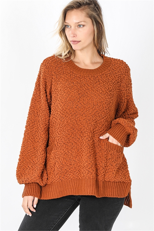 S15-8-3-TW-21013-ALMD-2 - POPCORN SWEATER WITH SIDE SLITS- ALMOND 0-0-3-3