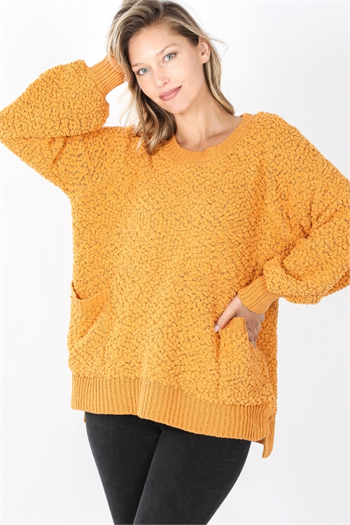 S15-6-3-TW-21013-AMU-1 - POPCORN SWEATER WITH SIDE SLITS- ASH MUSTARD 0-1-3-2