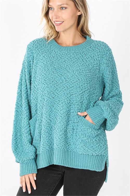 S15-8-3-TW-21013-DSTTL-2 - POPCORN SWEATER WITH SIDE SLITS- DUSTY TEAL 2