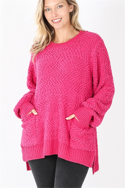 S16-9-3-TW-21013-HTPK-1 - POPCORN SWEATER WITH SIDE SLITS- HOT PINK 0-0-2-2