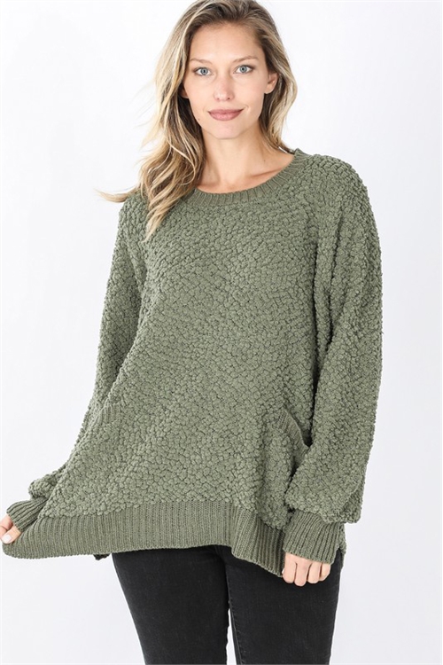 S10-15-3-TW-21013-LTOV-1 - POPCORN SWEATER WITH SIDE SLITS- LIGHT OLIVE 0-0-3-1