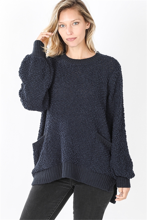 S15-6-3-TW-21013-MDNNV-1 - POPCORN SWEATER WITH SIDE SLITS- MIDNIGHT NAVY 0-1-2-3