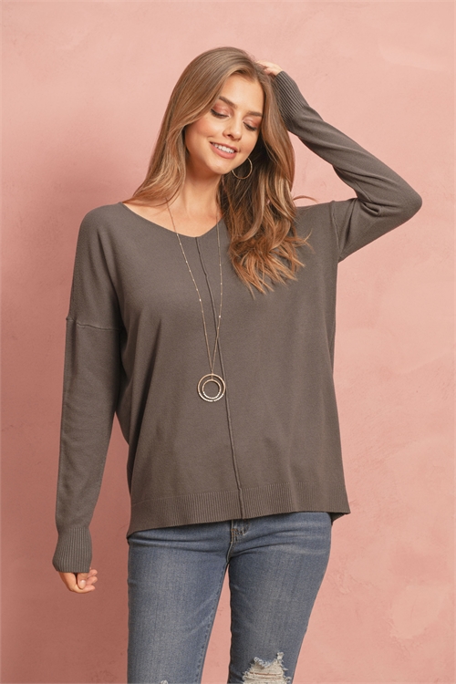 S8-2-3-TW-21018-AGY-1 - V-NECK FRONT SEAM SWEATER- ASH GREY 0-0-0-3