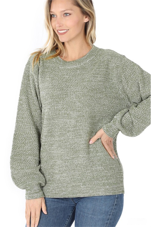 C-1-TW-21050-LTOV - BALLOON SLEEVE MELANGE SWEATER- LIGHT OLIVE 1-1-2-2