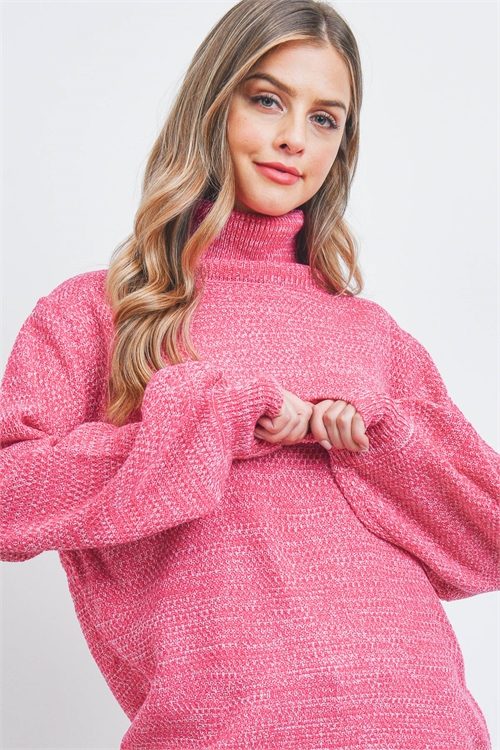 S16-7-4-TW-21051-HTPK - TURTLENECK MELANGE BALLOON SLEEVE SWEATER- HOT PINK 1-1-2-2