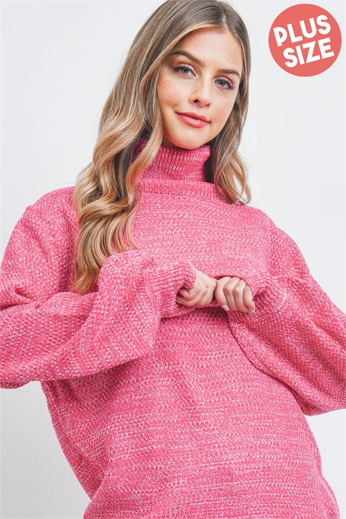 S13-10-4-TW-21051X-HTPK - PLUS SIZE TURTLENECK MELANGE BALLOON SLEEVE SWEATER- HOT PINK 3-2-1