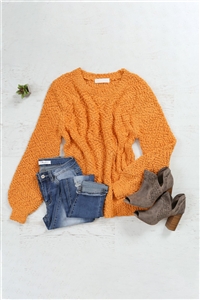 S5-2-3-TW-2735-AMU-1 - POPCORN BALLOON SLEEVE PULLOVER SWEATER- ASH MUSTARD 1-2-2-2