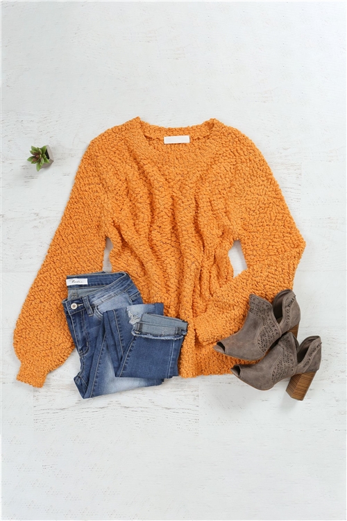 S5-2-3-TW-2735-AMU-1 - POPCORN BALLOON SLEEVE PULLOVER SWEATER- ASH MUSTARD 1-2-2-2