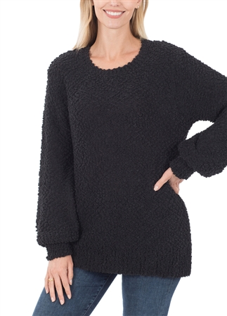 S16-6-3-TW-2735-BK-1 - POPCORN BALLOON SLEEVE PULLOVER SWEATER- BLACK 0-1-1-1