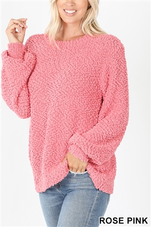 S11-7-2-TW-2735-RSPK-1 - POPCORN BALLOON SLEEVE PULLOVER SWEATER- ROSE PINK 0-0-1-0
