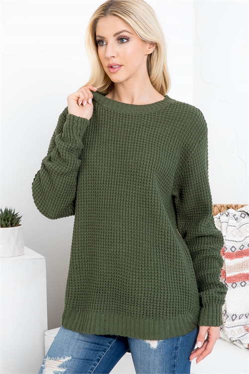S11-1-1-TW-3416-AG - HI-LOW LONG SLEEVE ROUND NECK WAFFLE SWEATER- ARMY GREEN 1-1-1-1-1