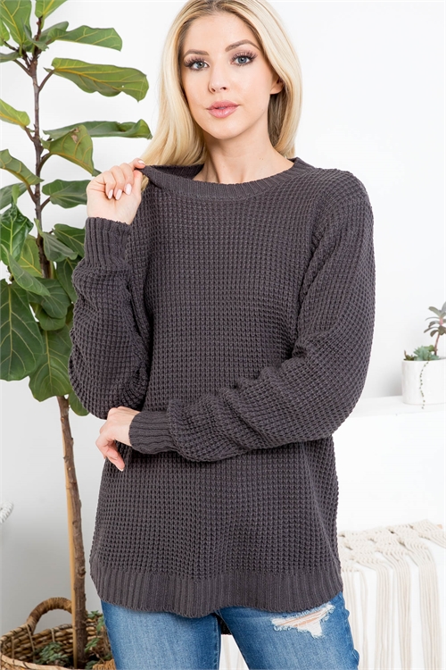 S12-1-1-TW-3416-AGY - HI-LOW LONG SLEEVE ROUND NECK WAFFLE SWEATER- ASH GREY 1-1-1-1-1