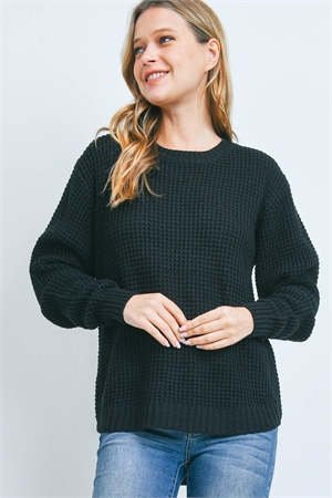 S15-1-5-TW-3416-BK-2 - HI-LOW LONG SLEEVE ROUND NECK WAFFLE SWEATER- BLACK 3