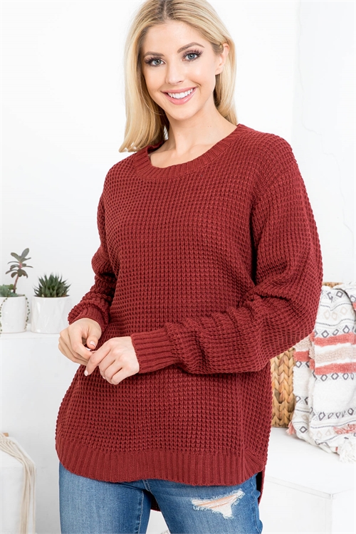 S9-3-1-TW-3416-FB - HI-LOW LONG SLEEVE ROUND NECK WAFFLE SWEATER- FIRED BRICK 1-1-1-1-1