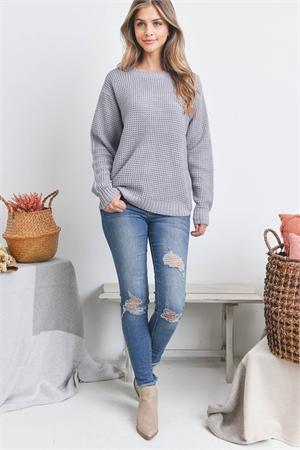 S8-6-4-TW-3416-LTGY-1 - HI-LOW LONG SLEEVE ROUND NECK WAFFLE SWEATER- LIGHT GREY 3-0-0-0-1