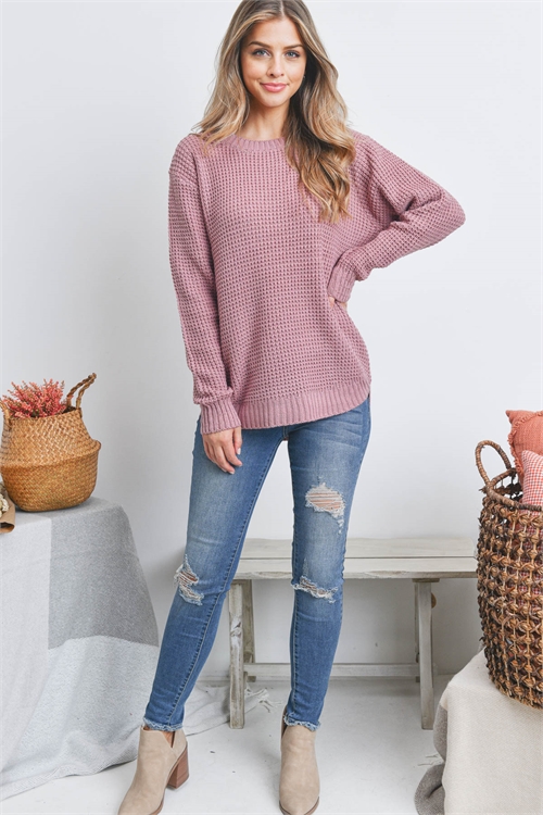 S8-11-1-TW-3416-LTRS - HI-LOW LONG SLEEVE ROUND NECK WAFFLE SWEATER- LIGHT ROSE 1-1-1-1-1