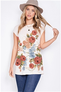 S36-1-1-TY401G12738A-IV - FLORAL PRINT RIP KNIT CAP SLEEVE TOP- IVORY -2-2-2