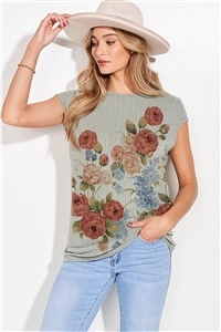 S36-1-1-TY401G12738A-SG - FLORAL PRINT RIP KNIT CAP SLEEVE TOP- SAGE -2-2-2