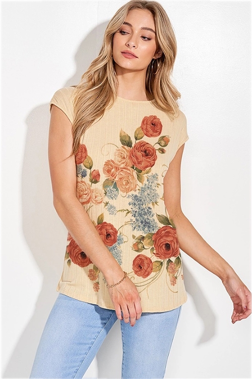 S36-1-1-TY401G12738A-TP - FLORAL PRINT RIP KNIT CAP SLEEVE TOP- TAUPE -2-2-2