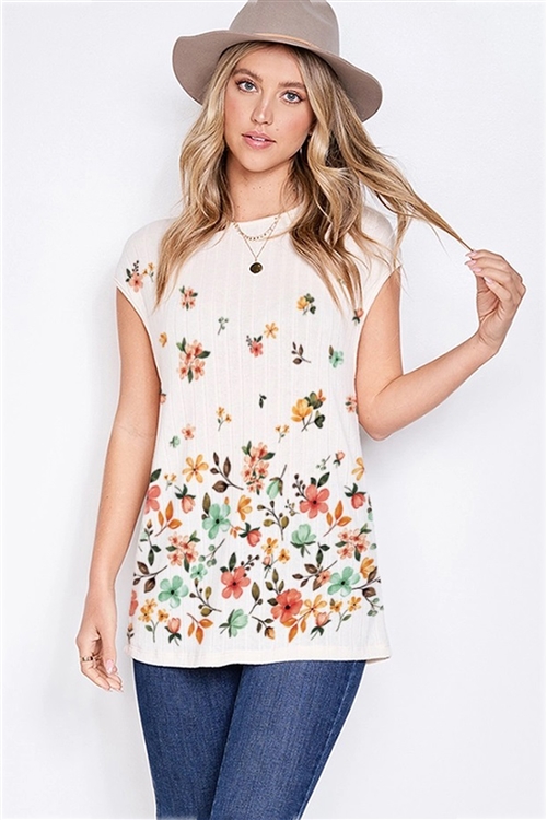 S36-1-1-TY401G12846A-IV - FLORAL PRINT RIP KNIT CAP SLEEVE TOP- IVORY -2-2-2