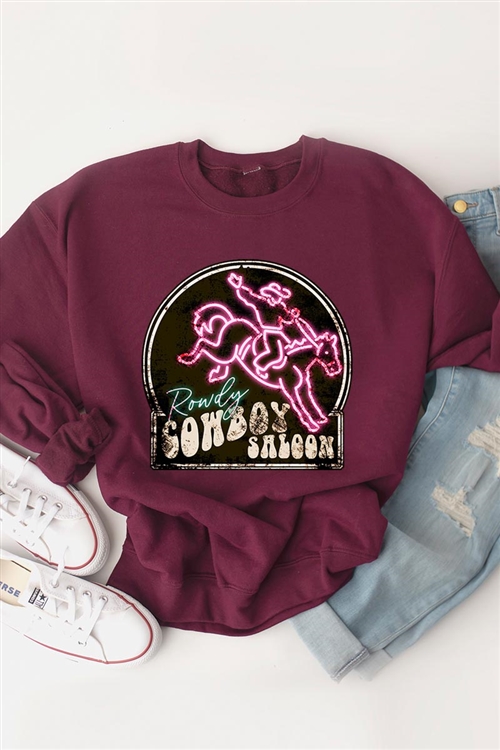 PO-UL180-E2327-MAR - COWBOY SALOON NEON SIGN OVERSIZED GRAPHIC FLEECE SWEATSHIRTS- MAROON-2-2-2-2