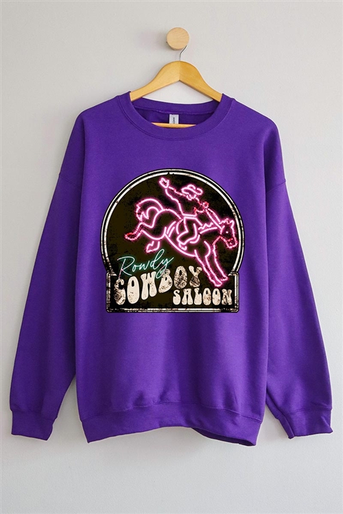 PO-UL180-E2327-PU - COWBOY SALOON NEON SIGN OVERSIZED GRAPHIC FLEECE SWEATSHIRTS- PURPLE-2-2-2-2