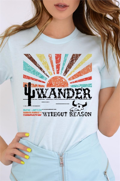 S15-1-1-US3001-E0761S-ICEB - WANDER WITHOUT REASON,BULL SKULL,CACTUS,SUN RAYS UNISEX SHORT SLEEVE- ICE BLUE 2-2-2